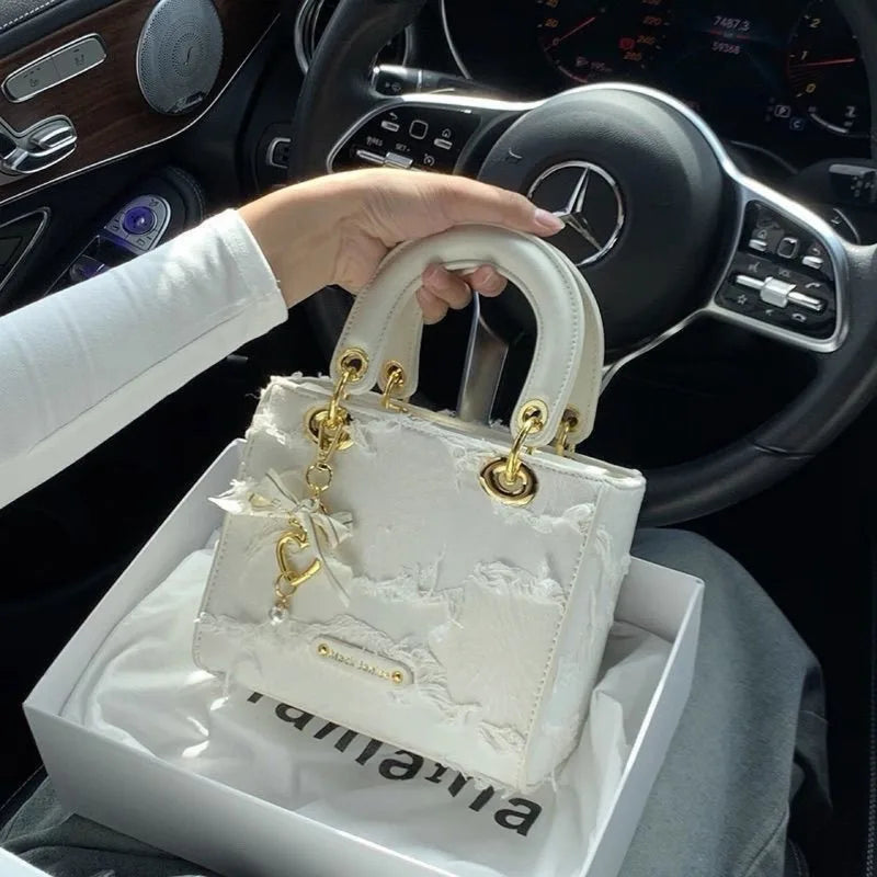 New Trendy Textured Denim Tassel Square Bag Women's Fashion Handbag Lady Clutch Purse Female Shoulder Messenger Bag