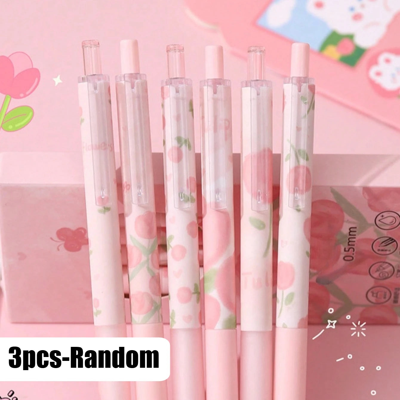 6pcs Cute Floral Gel Pens, 0.5mm Fine Point Black Ink – Smooth Writing Retractable Pens, Pink Tulip Design
