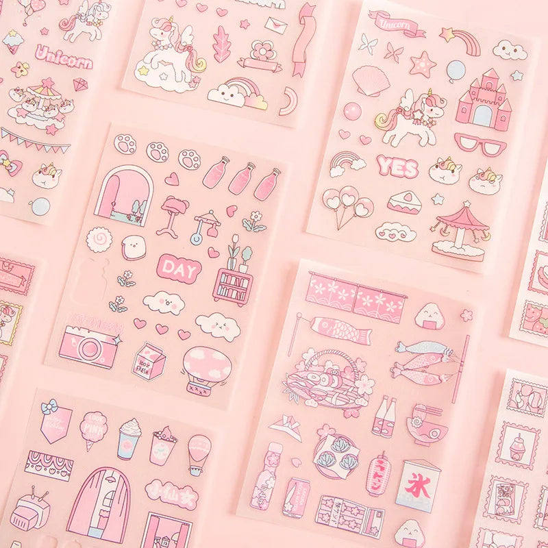 4Pcs Pink Cartoon Transparent Waterproof Material Stickers For Hand Account Pencil Case Decals