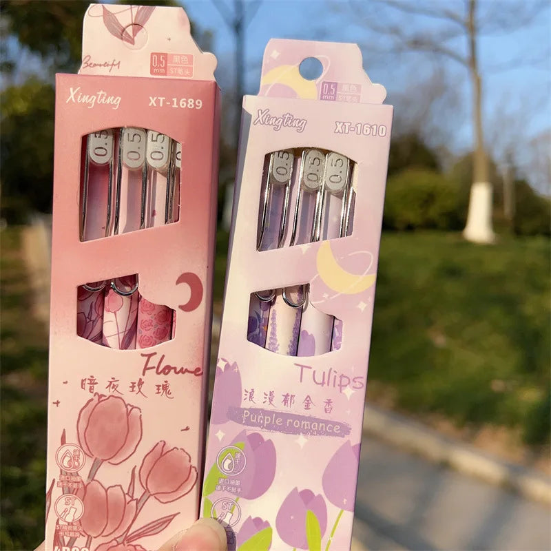 4pcs/box Aesthetic European Floral Gel Pen for Kids Girl 0.5mm Black Ink Study Staionery Writing Pen School Student Supplies