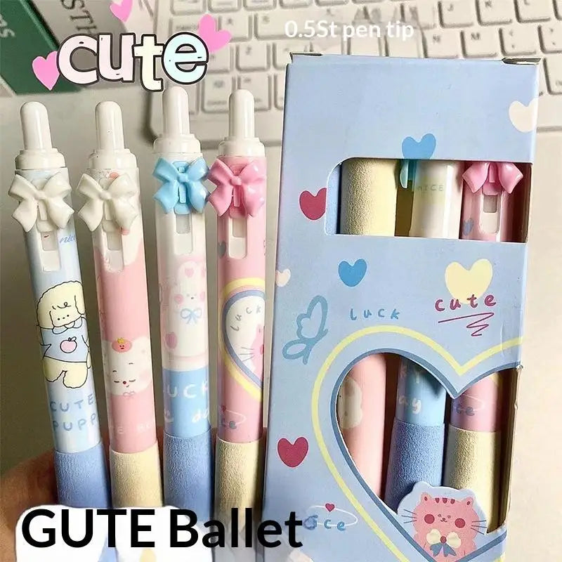 New 4 Pcs Black And White Bow Press Pen Soft Grip Super High Value 0.5mm Brush Question Quick Drying Press Cartoon Neutral Pen