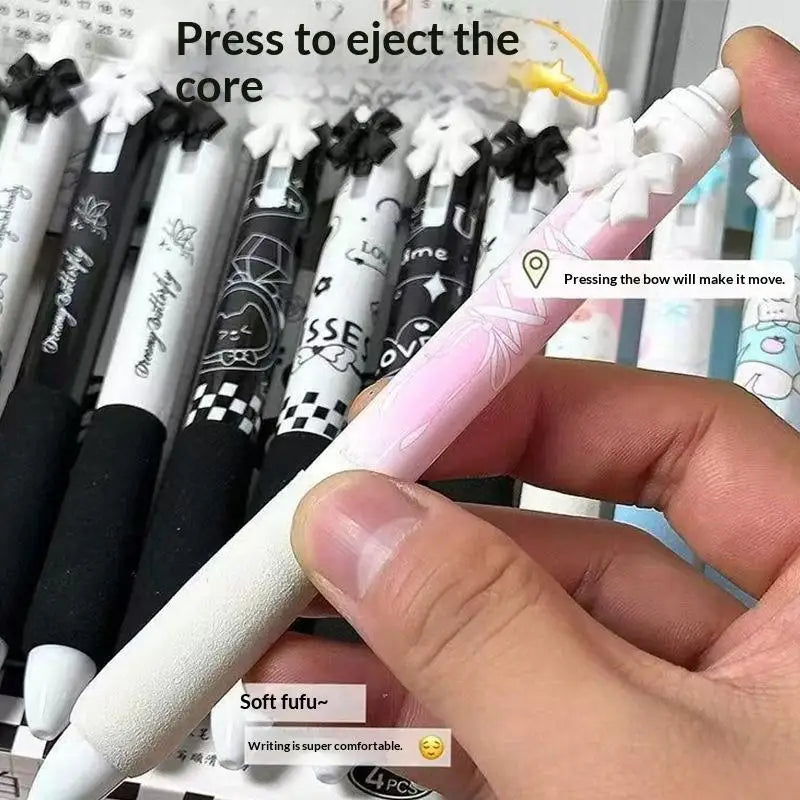 New 4 Pcs Black And White Bow Press Pen Soft Grip Super High Value 0.5mm Brush Question Quick Drying Press Cartoon Neutral Pen