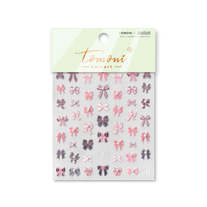 Pink Bow Nail Stickers 3D Rhinestone Nail Self-adhesive Manicure Stickers High Quality Decals Nail Art Decoration DIY Accessory
