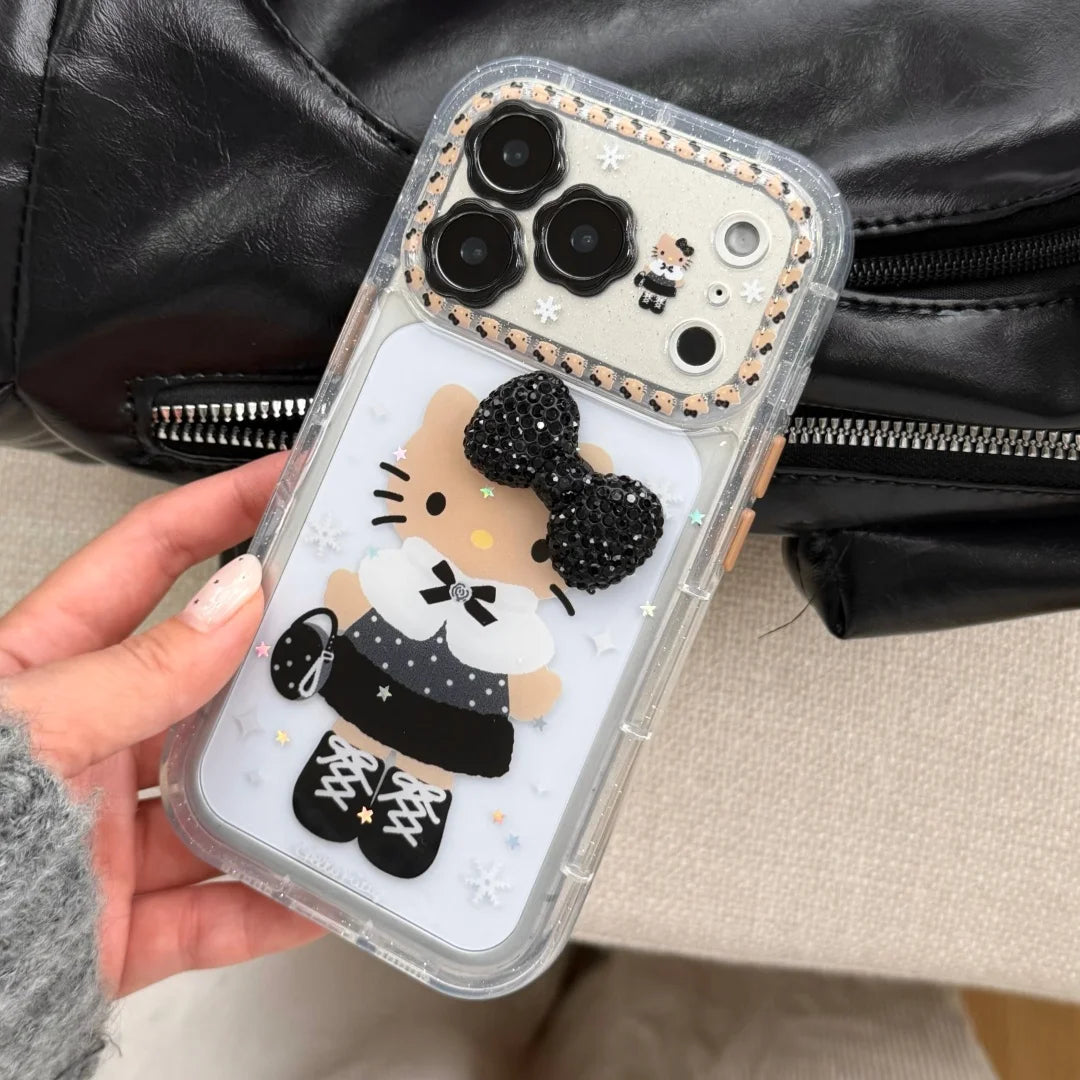 INS Korea 3D Glitter Bow Black Skin Hello Kitty Phone Case For iphone 17 16 15 14 13 Pro Max 17 Pro Lens Protection Cover