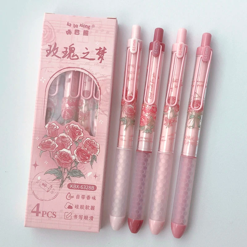 4PCS/Set Puppy Style Gel Pen Soft Grip Design 0.5mm Black Pen Rose Style Gel Pen Pen Clip Design Office Supplies