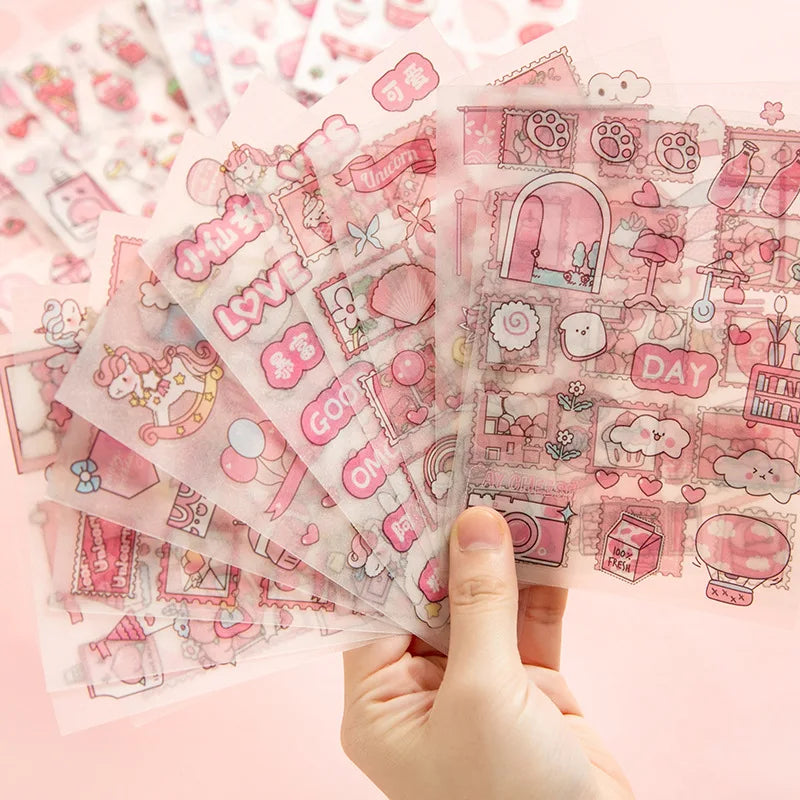 4Pcs Pink Cartoon Transparent Waterproof Material Stickers For Hand Account Pencil Case Decals