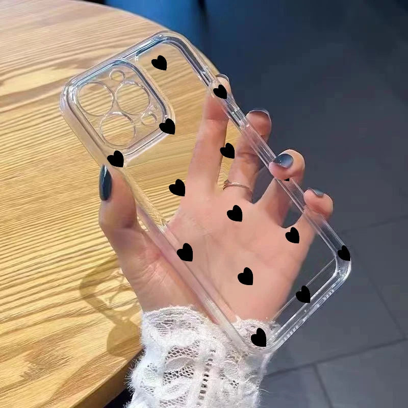Lovely Black Love Hearts Phone Case for iPhone 17 Air 16E 15 14 13 12 11 Pro Max Plus Mini X Xs 8 7 Soft Clear Cover Coques