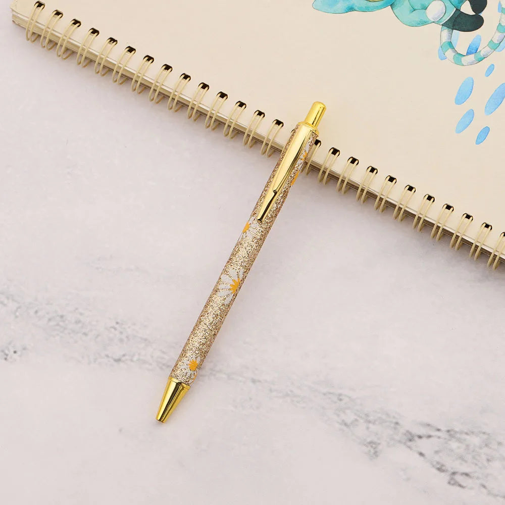 Lytwtw's Cute Daisy Press Ballpoint Pen Luxury Kawaii Metal Stationery School Office Supplies 5 Pieces