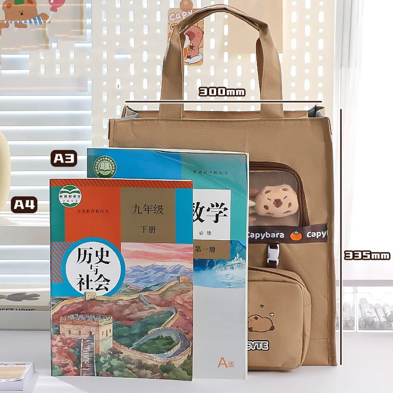Kawaii Capybara Tutoring Bag, Primary School Student Canvas Storage File Bag, Cartoon Printing Large Capacity Tutoring Bag