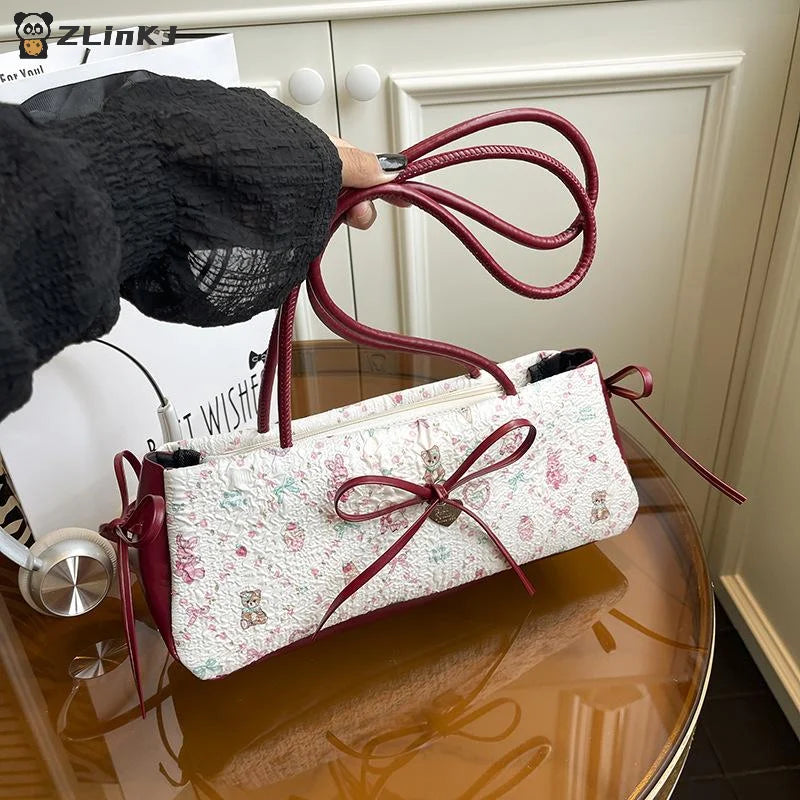 ▶1Pcs Sweet Bow Shoulder Bag Cartoon Print Underarm Bag Female Tote Bag Large Capacity Commuter Handbag Holiday Gift