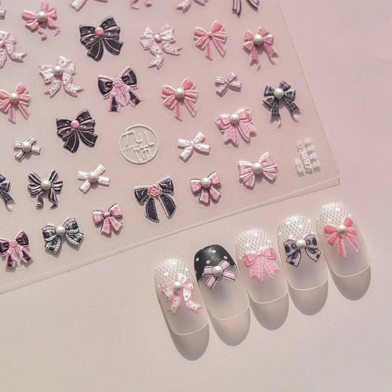 Pink Bow Nail Stickers 3D Rhinestone Nail Self-adhesive Manicure Stickers High Quality Decals Nail Art Decoration DIY Accessory