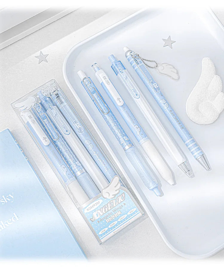 4pcs/set Pearl Angel Gel Pen Set Cute Exam Pens with Wing Design Kawaii Cartoon 0.5mm Black Ink for Kids Back To School Student
