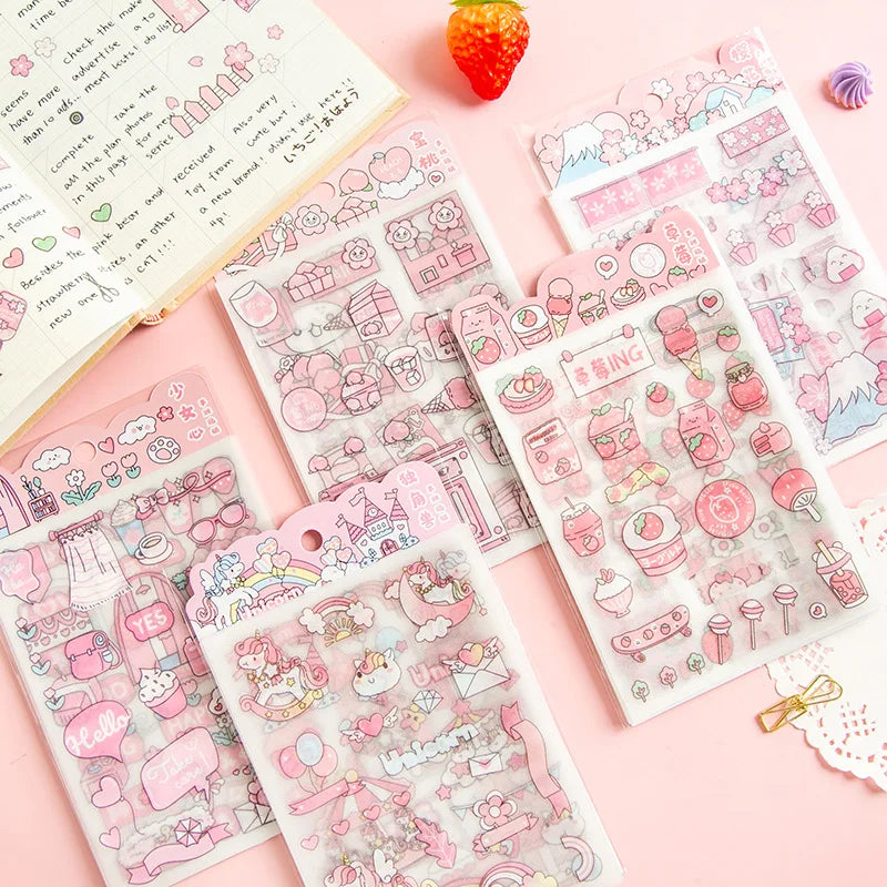 4Pcs Pink Cartoon Transparent Waterproof Material Stickers For Hand Account Pencil Case Decals