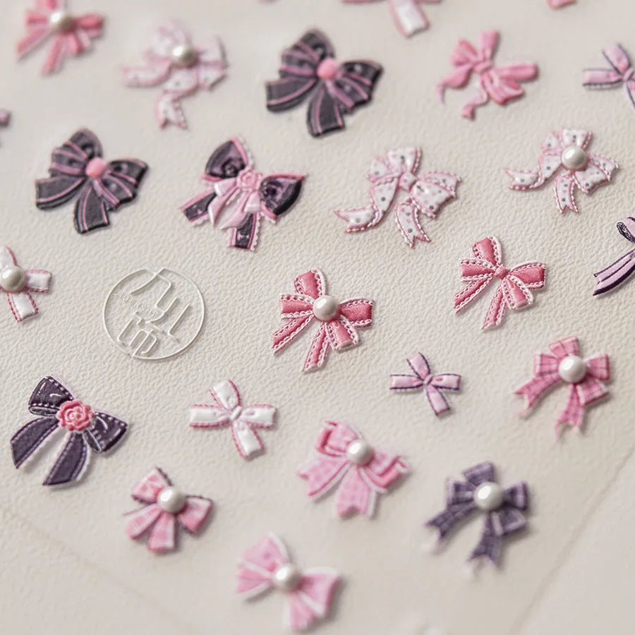Pink Bow Nail Stickers 3D Rhinestone Nail Self-adhesive Manicure Stickers High Quality Decals Nail Art Decoration DIY Accessory