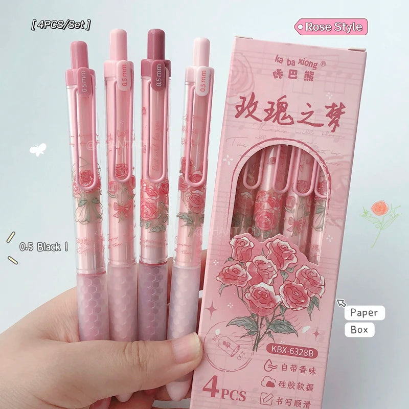 4PCS/Set Puppy Style Gel Pen Soft Grip Design 0.5mm Black Pen Rose Style Gel Pen Pen Clip Design Office Supplies