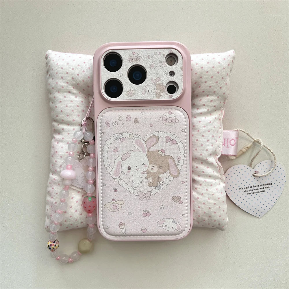Cute Cherry Dessert Rabbit Leather Phone Case for iPhone 16 Pro 17 Pro Max 13 14 15 Funda with hinged Kawaii Shockproof Cover