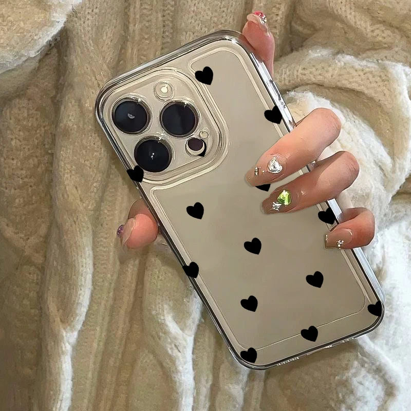 Lovely Black Love Hearts Phone Case for iPhone 17 Air 16E 15 14 13 12 11 Pro Max Plus Mini X Xs 8 7 Soft Clear Cover Coques
