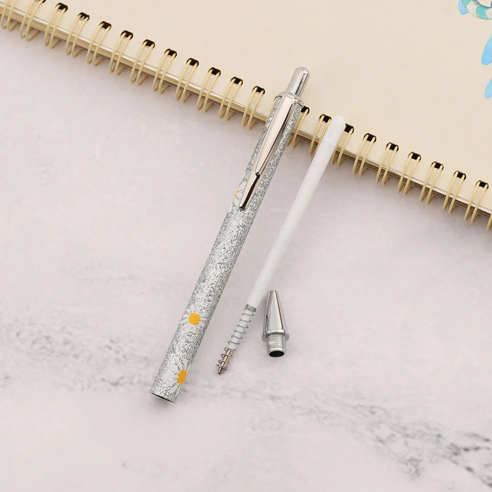 Lytwtw's Cute Daisy Press Ballpoint Pen Luxury Kawaii Metal Stationery School Office Supplies 5 Pieces