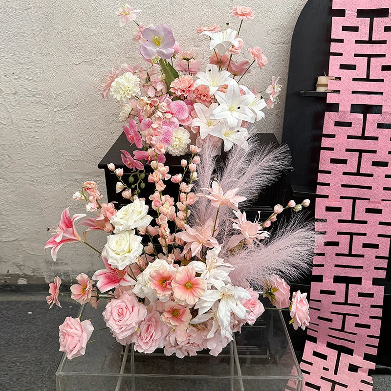 Artificial Hang Floral Arrangement Wedding Backdrop Arch Decor Pink White Rose Aisle Floor Flower Row Table Centerpieces Flower