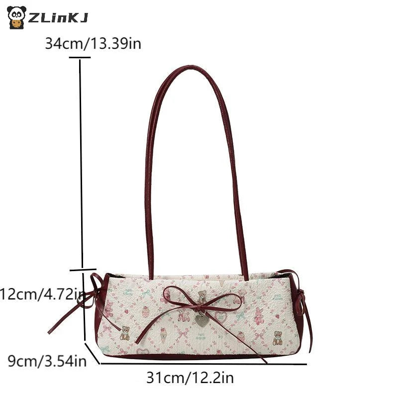 ▶1Pcs Sweet Bow Shoulder Bag Cartoon Print Underarm Bag Female Tote Bag Large Capacity Commuter Handbag Holiday Gift