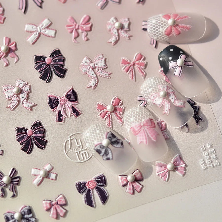 Pink Bow Nail Stickers 3D Rhinestone Nail Self-adhesive Manicure Stickers High Quality Decals Nail Art Decoration DIY Accessory