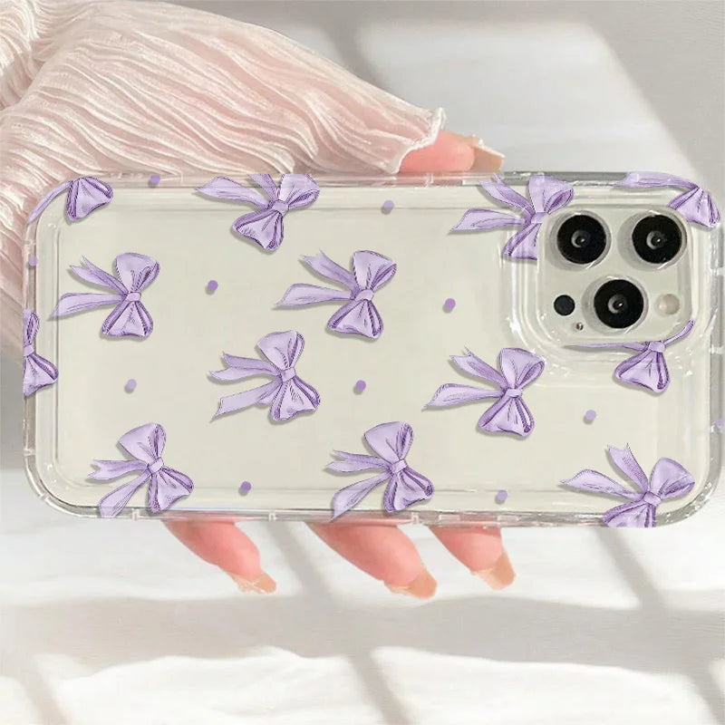 Purple bow pattern transparent phone case suitable for iPhone 17 16 15 14 13 12 11 Pro/Max/Plus anti drop and shockproof