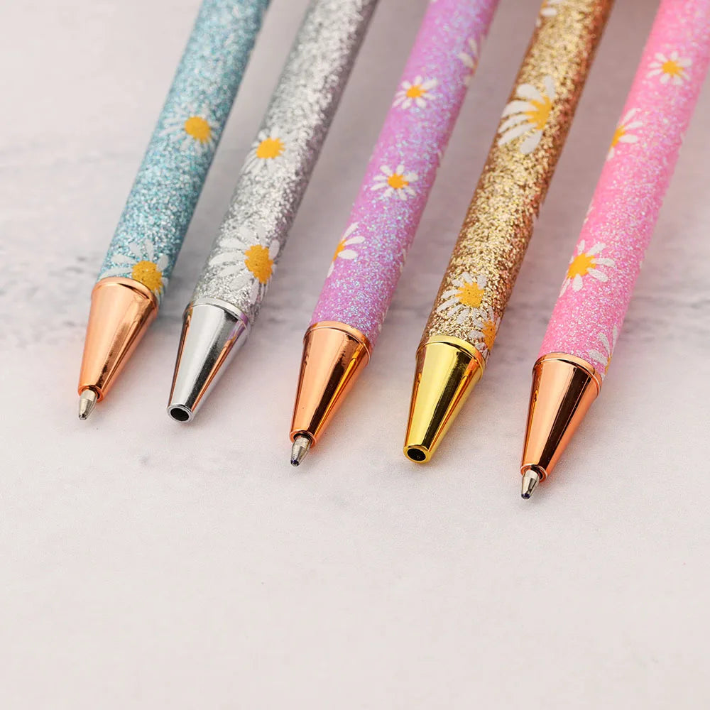 Lytwtw's Cute Daisy Press Ballpoint Pen Luxury Kawaii Metal Stationery School Office Supplies 5 Pieces