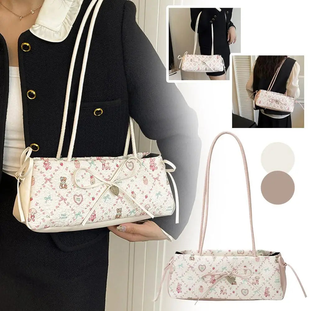 Cartoon Print Shoulder Bag for Women - Sweet Bow Underarm Bag, Pleated Versatile Tote, Casual Practical Commuter Handbag