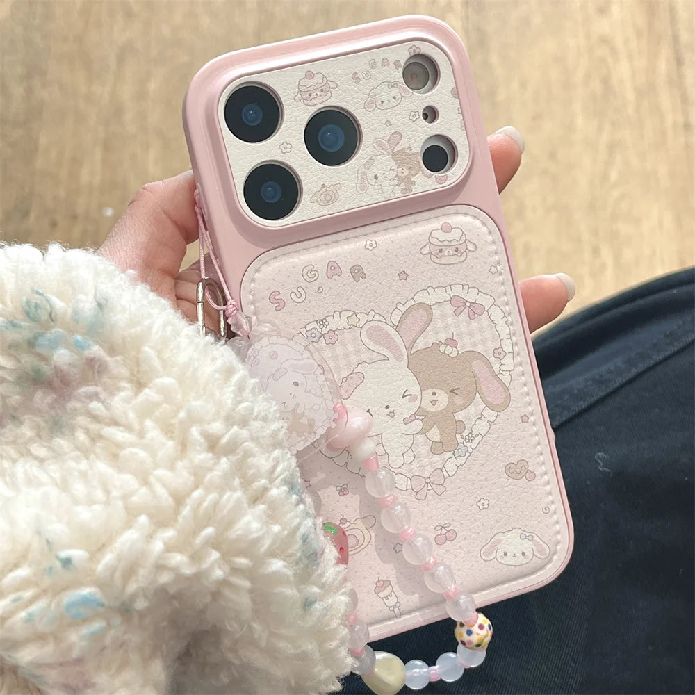 Cute Cherry Dessert Rabbit Leather Phone Case for iPhone 16 Pro 17 Pro Max 13 14 15 Funda with hinged Kawaii Shockproof Cover
