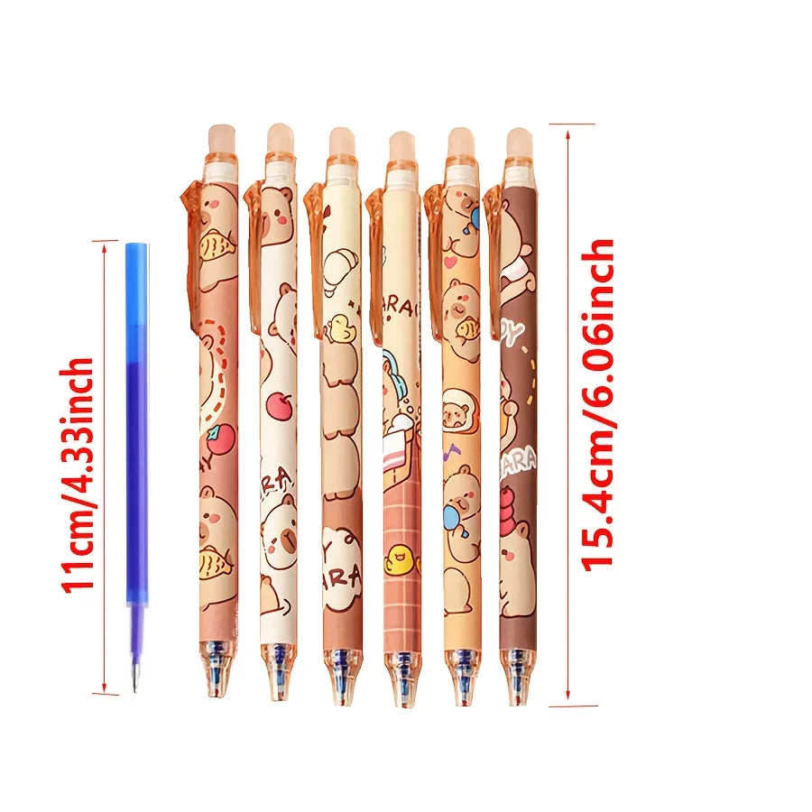 14pcs Set Cute Capybara Erasable Gel Pens 0.5mm Retractable Blue Ink Suitable for School and Office Smooth Writing