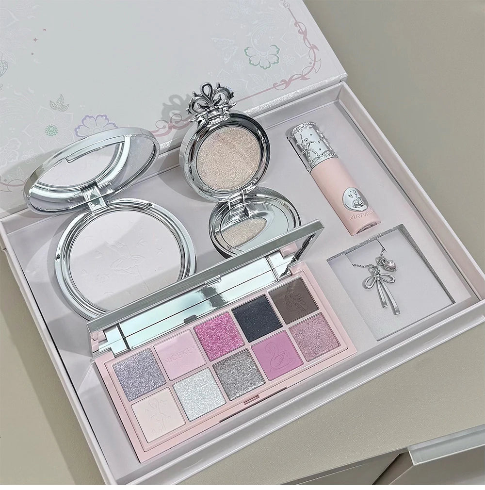 NICEKEY Pink Ballet Makeup Box Include 1*Lip mud,1*Pressed Powder,1*Highlight Powder,1*Eyeshadow Palette Powder With Necklace