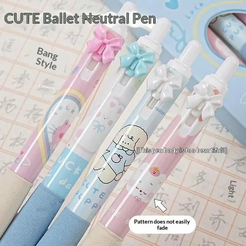 New 4 Pcs Black And White Bow Press Pen Soft Grip Super High Value 0.5mm Brush Question Quick Drying Press Cartoon Neutral Pen
