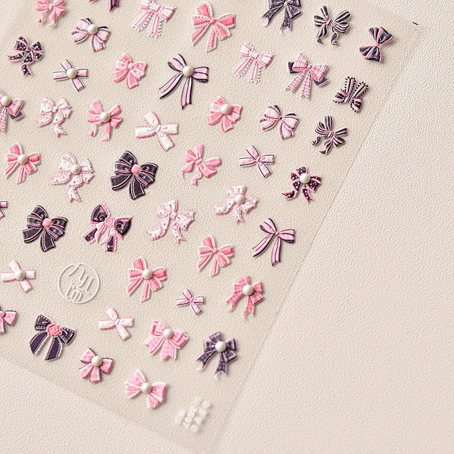 Pink Bow Nail Stickers 3D Rhinestone Nail Self-adhesive Manicure Stickers High Quality Decals Nail Art Decoration DIY Accessory