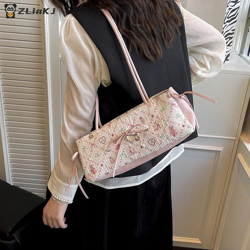 ▶1Pcs Sweet Bow Shoulder Bag Cartoon Print Underarm Bag Female Tote Bag Large Capacity Commuter Handbag Holiday Gift