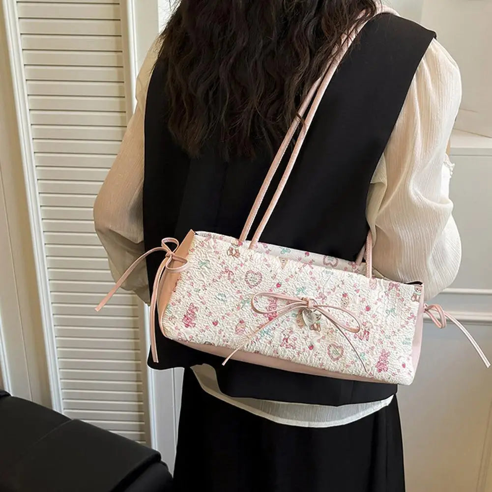 Cartoon Print Shoulder Bag for Women - Sweet Bow Underarm Bag, Pleated Versatile Tote, Casual Practical Commuter Handbag