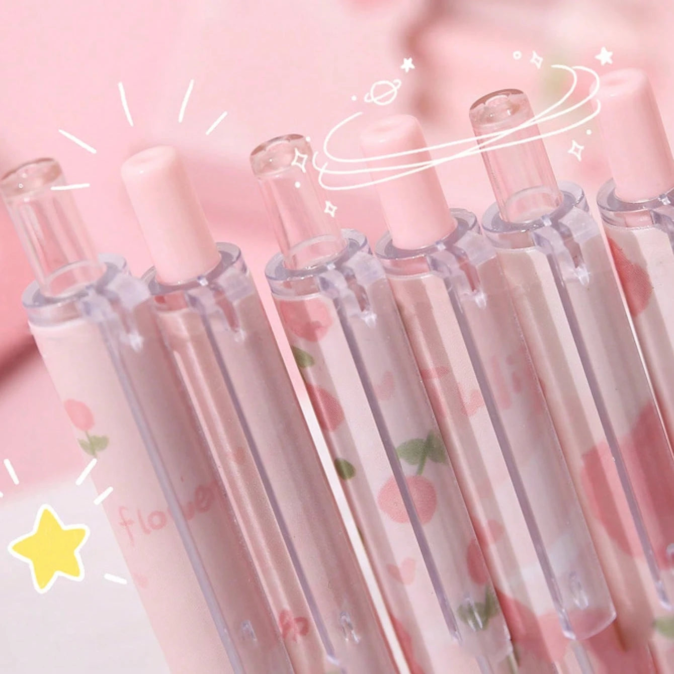 6pcs Cute Floral Gel Pens, 0.5mm Fine Point Black Ink – Smooth Writing Retractable Pens, Pink Tulip Design