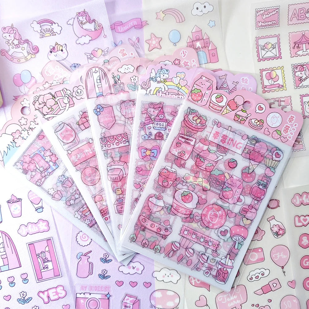 4Pcs Pink Cartoon Transparent Waterproof Material Stickers For Hand Account Pencil Case Decals