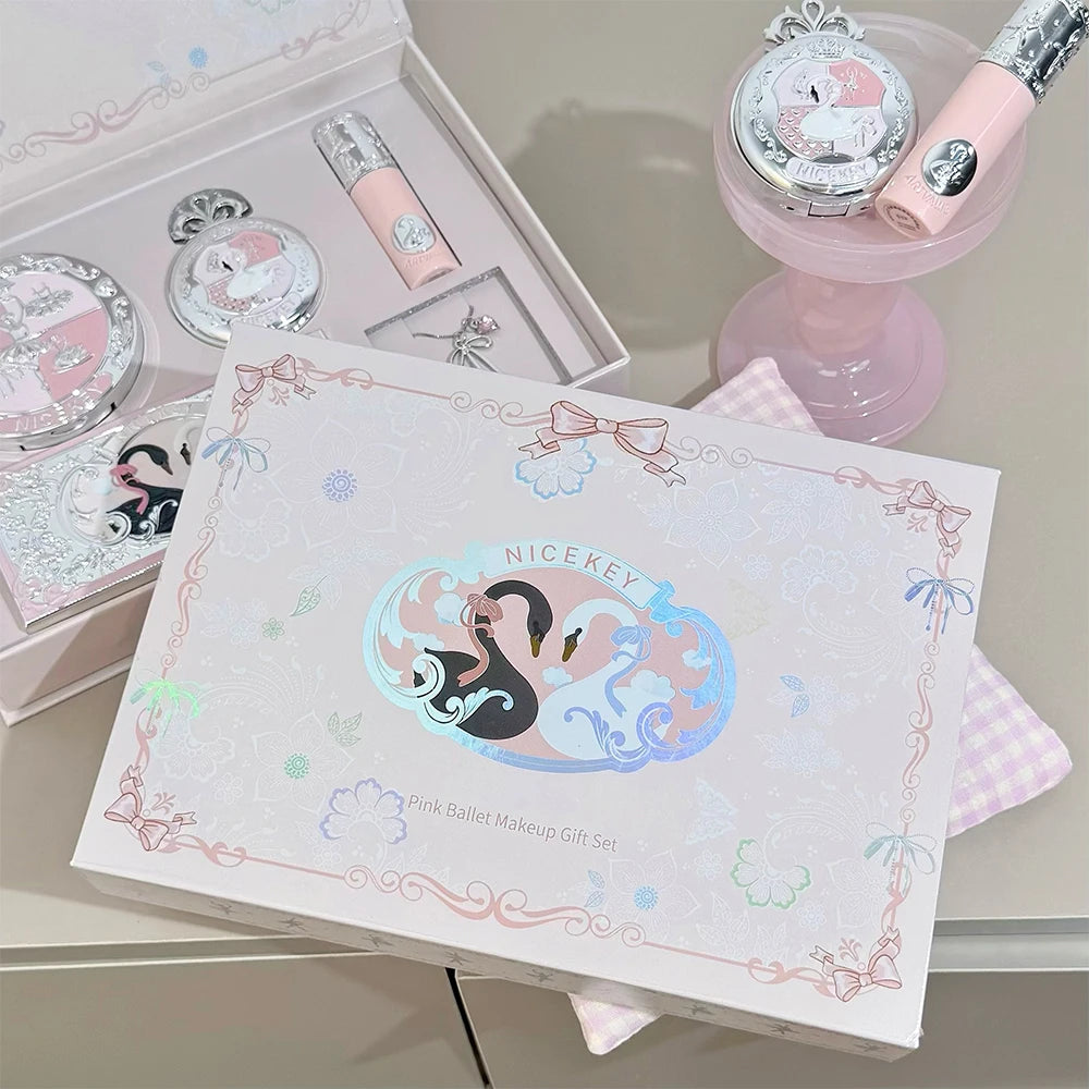 NICEKEY Pink Ballet Makeup Box Include 1*Lip mud,1*Pressed Powder,1*Highlight Powder,1*Eyeshadow Palette Powder With Necklace
