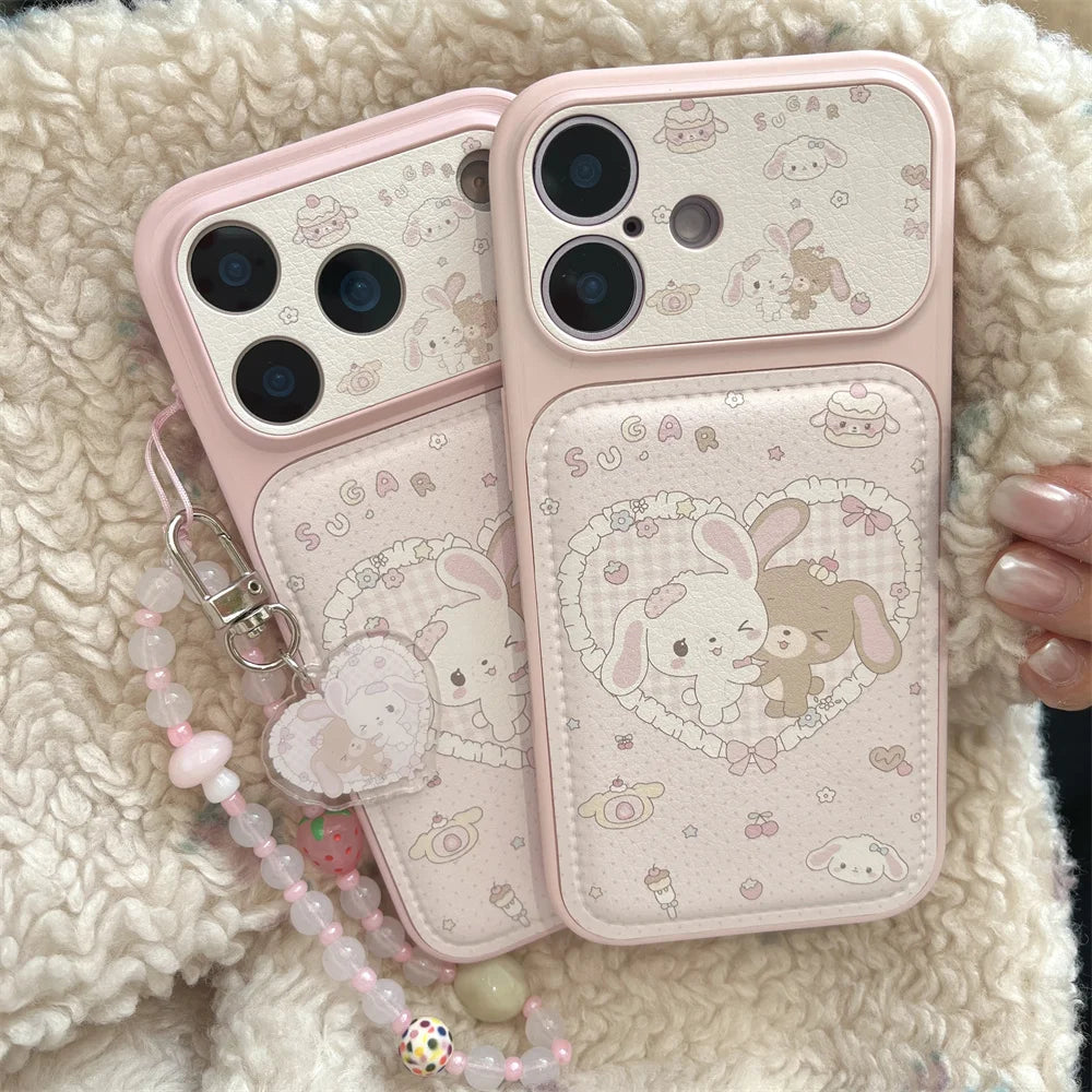 Cute Cherry Dessert Rabbit Leather Phone Case for iPhone 16 Pro 17 Pro Max 13 14 15 Funda with hinged Kawaii Shockproof Cover