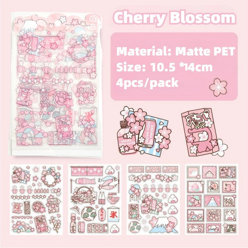 4Pcs Pink Cartoon Transparent Waterproof Material Stickers For Hand Account Pencil Case Decals