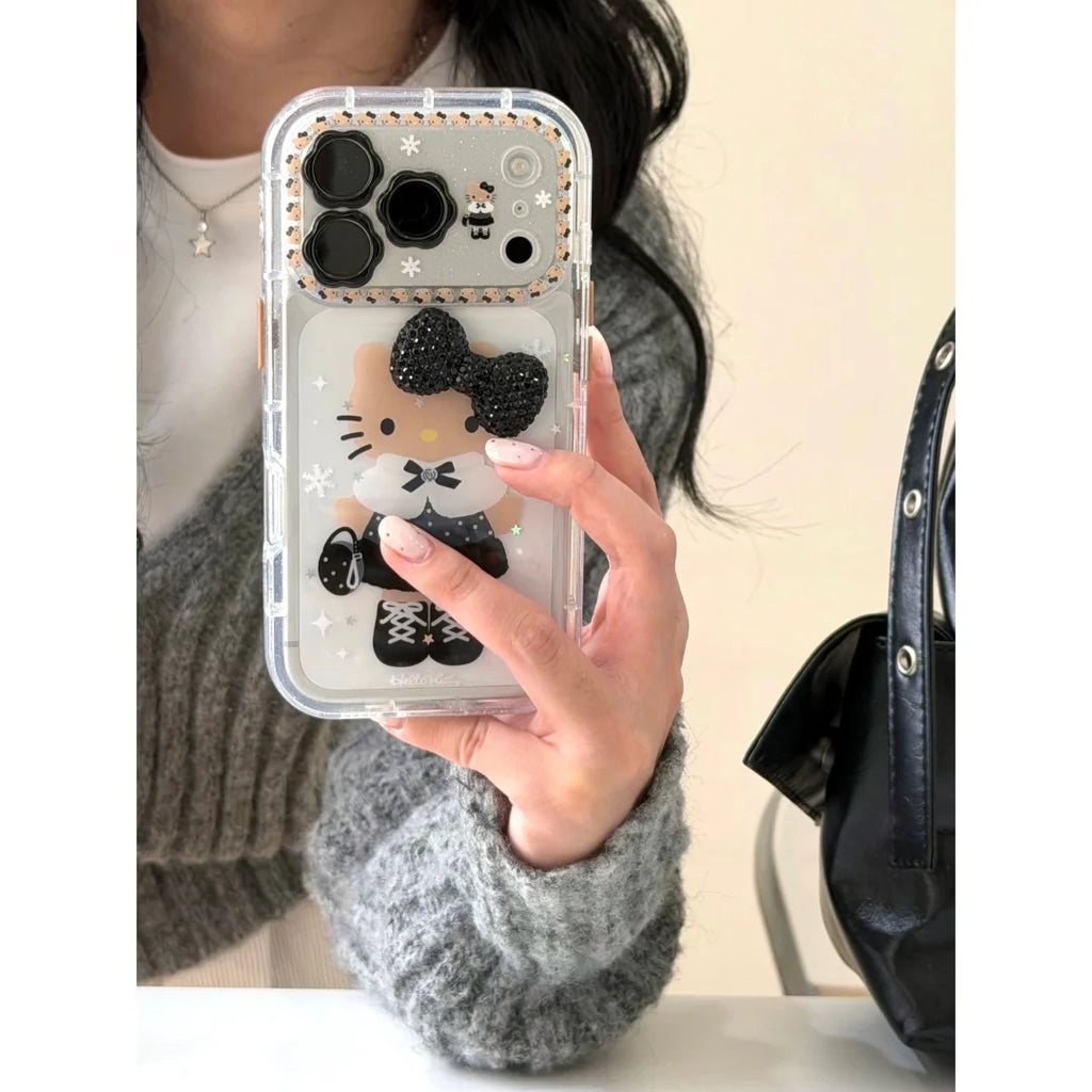 INS Korea 3D Glitter Bow Black Skin Hello Kitty Phone Case For iphone 17 16 15 14 13 Pro Max 17 Pro Lens Protection Cover