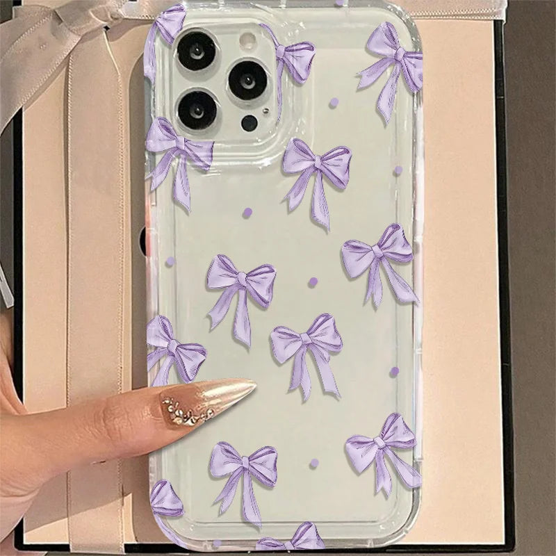 Purple bow pattern transparent phone case suitable for iPhone 17 16 15 14 13 12 11 Pro/Max/Plus anti drop and shockproof