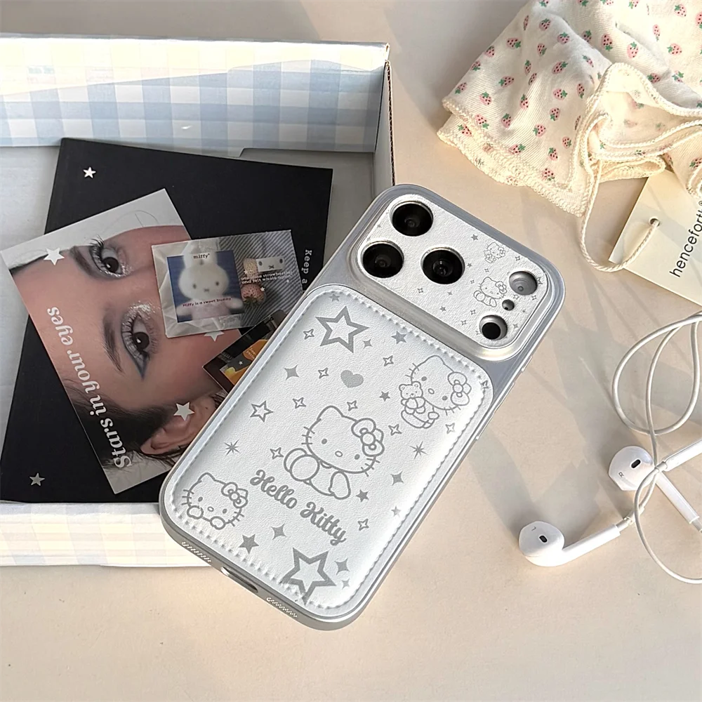 Korean INS Simple Line Star Hellokitty Leather Phone case for iPhone 17 Pro 14 15 16 Pro Max Fundas Cute Cartoon Protective cove