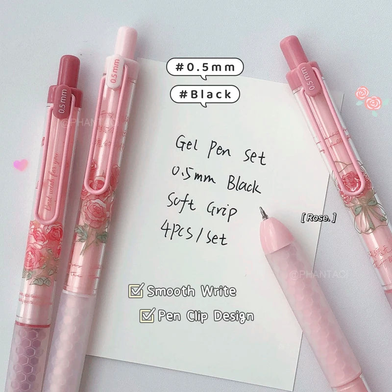 4PCS/Set Puppy Style Gel Pen Soft Grip Design 0.5mm Black Pen Rose Style Gel Pen Pen Clip Design Office Supplies