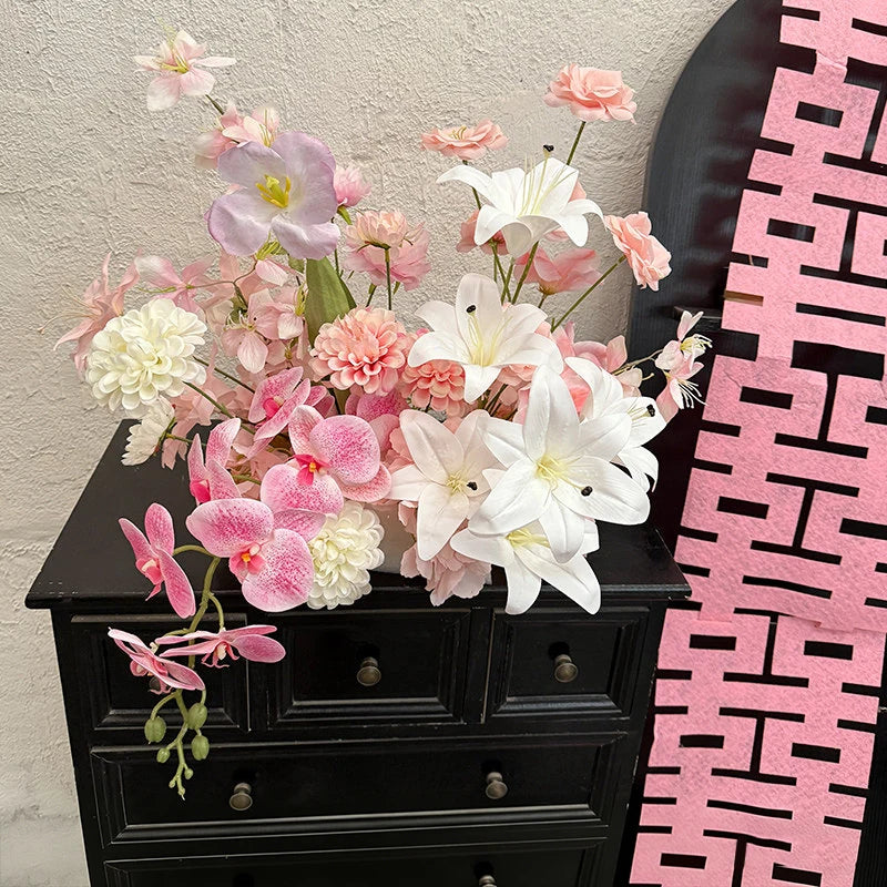 Artificial Hang Floral Arrangement Wedding Backdrop Arch Decor Pink White Rose Aisle Floor Flower Row Table Centerpieces Flower