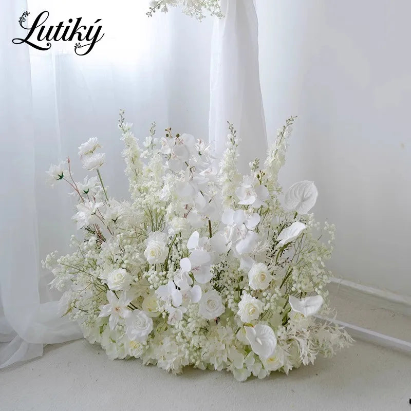 White Pink Floor Flower Row Decor Wedding Backdrop Table Centerpiece Floral Ball Baby's Breath Rose Stage Aisle Floor Flower
