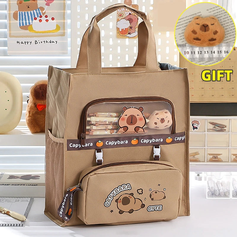 Kawaii Capybara Tutoring Bag, Primary School Student Canvas Storage File Bag, Cartoon Printing Large Capacity Tutoring Bag