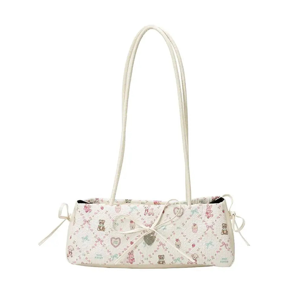 Cartoon Print Shoulder Bag for Women - Sweet Bow Underarm Bag, Pleated Versatile Tote, Casual Practical Commuter Handbag