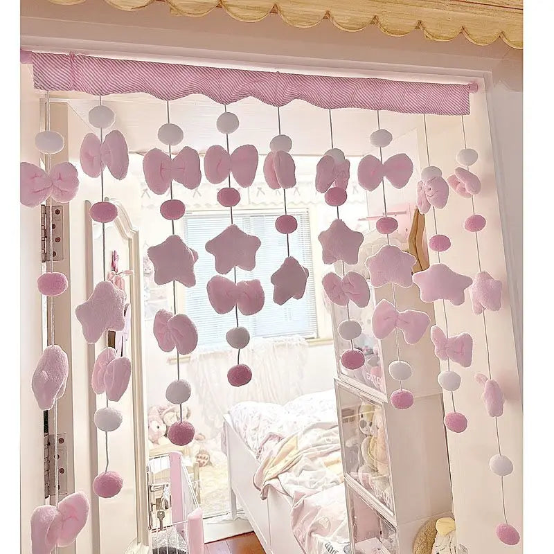 Arc Heart Stars Bow Curtains Door Curtain Short Romantic Tassel Pelmet Girls Room Sweet Bead Window Valance Door Blackout Pink