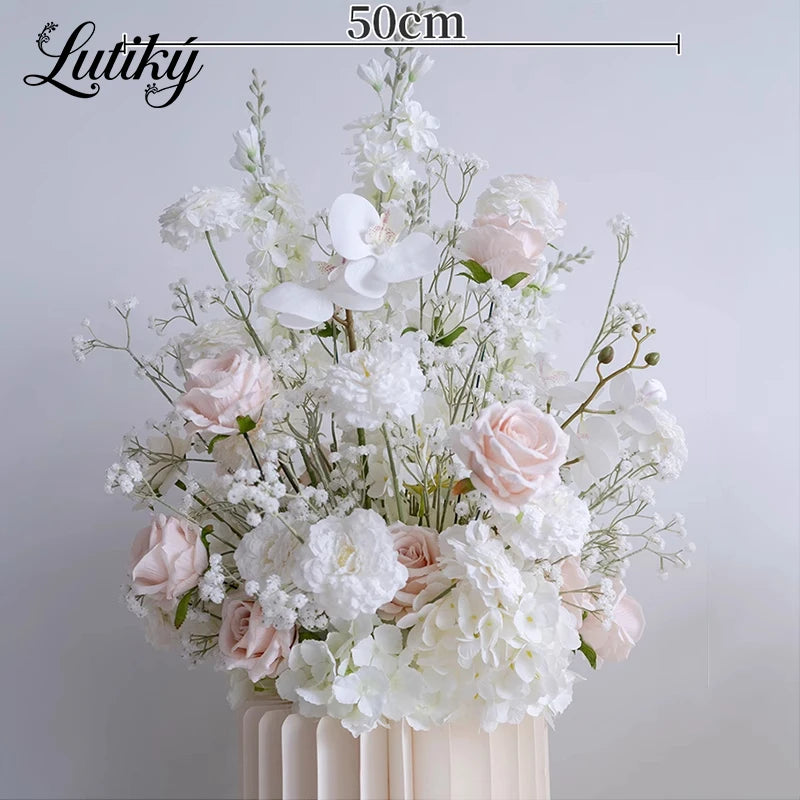 White Pink Floor Flower Row Decor Wedding Backdrop Table Centerpiece Floral Ball Baby's Breath Rose Stage Aisle Floor Flower